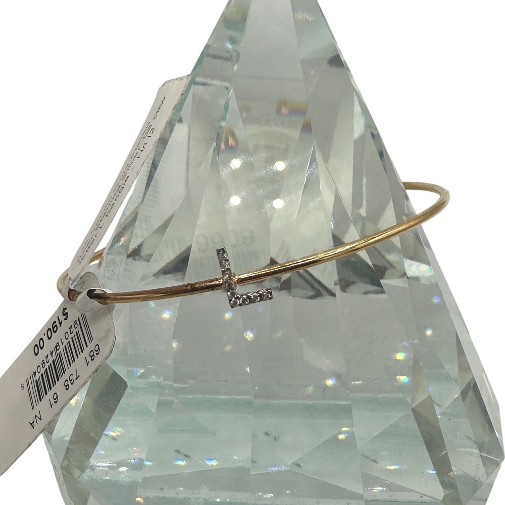 LaSoula 14K Gold Plated Sterling Silver L Initial Bangle Bracelet Dainty .06 ctw